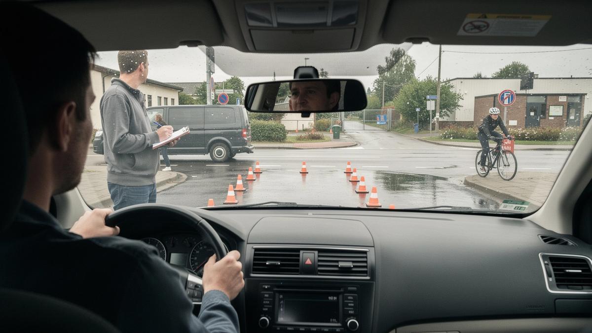 Supervised wet-junction drill photographed from the passenger side with four marked hazard positions