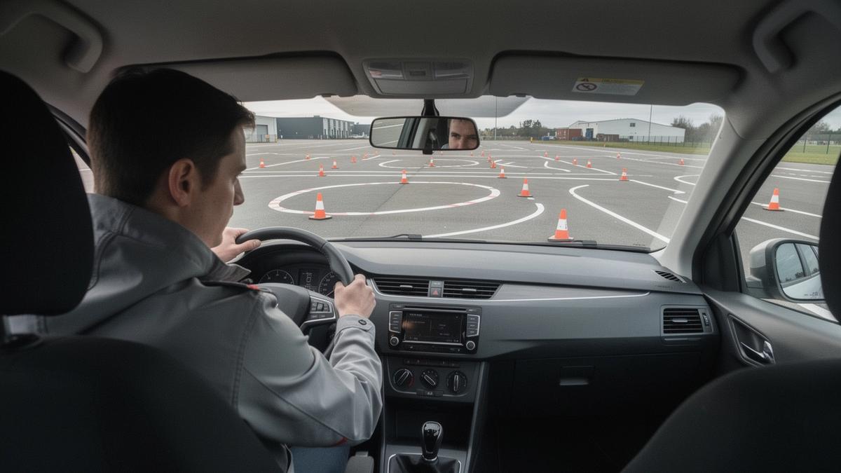 Instructor watching a driver complete a supervised hazard-drill exercise on a closed course