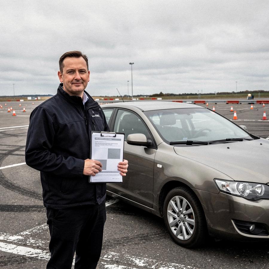 Driving instructor standing beside a training car with a debrief sheet in hand
